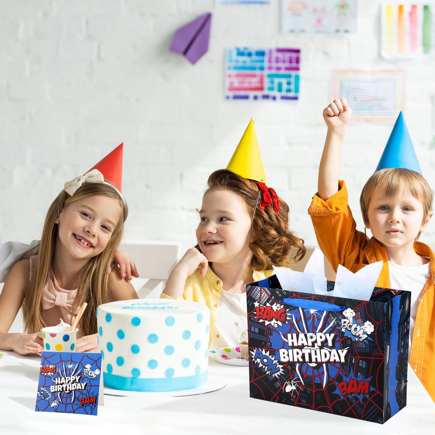 Spider Theme Party Gift Bag, Cartoon Spider Web Birthday Bag with Card & Wrapping Paper for Men Kids Birthday Party Celebration Supplies