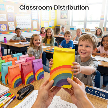 LovesTown 24 Pcs Rainbow Party Favor Bags with Stickers - 8.7"x4.7"x3.1" Colorful Goodie Treat Bags in 8 Vibrant Colors for Kids Birthday, Baby Shower, Wedding & Gift Packaging