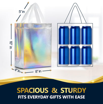 Nush Nush Set of 60 Iridescent Gift Bags Bulk Medium Size - Reusable Holographic Gift Bags With Handles - Goodie Bag for Birthday, Small Business, Wedding Welcome Gifts, Large Events – 8W x 4D x 10H