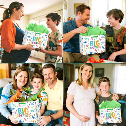 Big Brother Gift Bag for Boys, Cute Big Bro Gift Bag with Tissue Paper and Greeting Card Green Wrapping Paper Cartoon Dinosaur New Brother Party Decoration for Little Boy Birthday Party Supplies