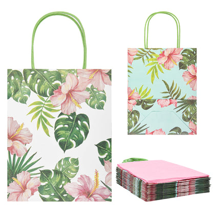 36 Pack Medium Hawaiian Tropical Themed Gift Bags with Handles and 36 Pink Tissue Paper for Luau Parties, Birthdays, Weddings, Bridal Showers, Boutiques (10x8x4 Inch, 2 Designs Assorted)