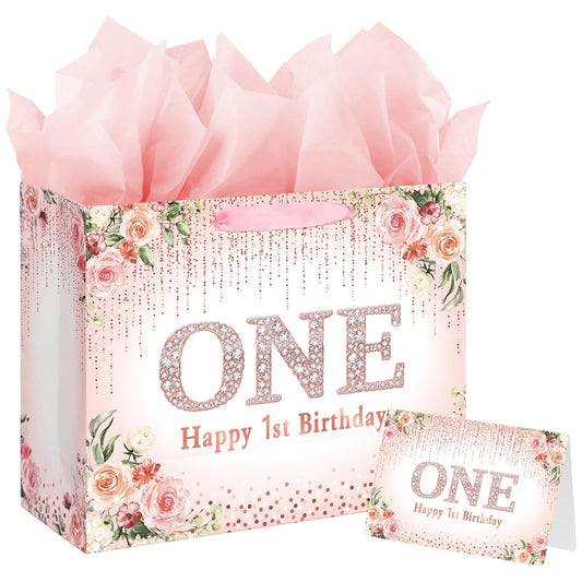 Laidans Rose Gold One Year Old Happy Birthday Gift Bag with Tissue Paper and Card for Bday Party Supplies (Rose Gold) (1st)