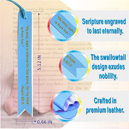 Men's Bible Bookmarks Gift Set – Black Wood Box, Blue Genuine Leather & Silver Metal, Engraved Verses & Mood Guide, Permanently Etched, for Elder, Teacher, Colleague, Brother