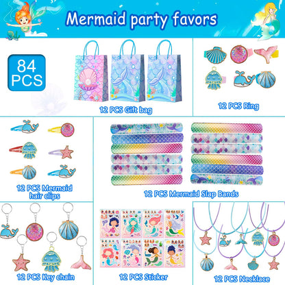 84pcs Mermaid Birthday Party Favor Bag Fillers with Fish Birthday Rings Keychain Bracelets Bags Hair Clips Necklace etc for Mermaid Birthday Decorations Supplies