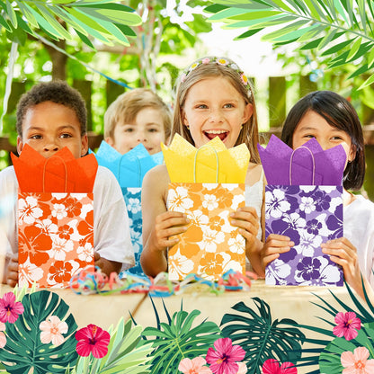 Teling 36 Set Hibiscus Party Favor Hawaiian Themed Paper Bag with Tissues Summer Tropical Gift Tiki Luau Treat Hawaii Goodie Bags with Handles Birthday Party Supplies Multicolor 8.3 x 6 x 3