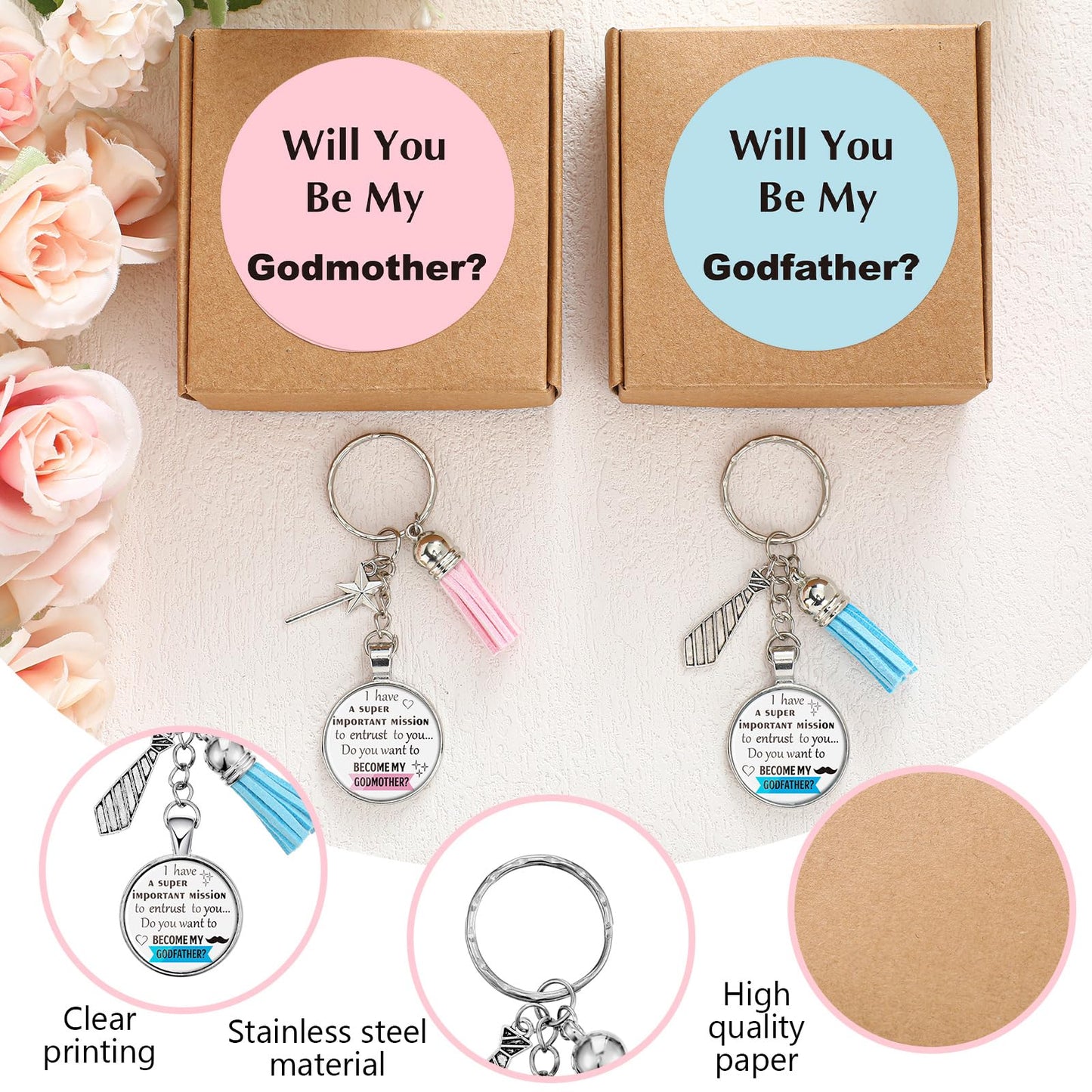 Ecation 2 Set Will You Be My Godparents (Godmother and Godfather) Godparents Proposal Gifts Godmother and Godfather Proposal Appreciation Keychains Gifts with Box for Godmother and Godfather