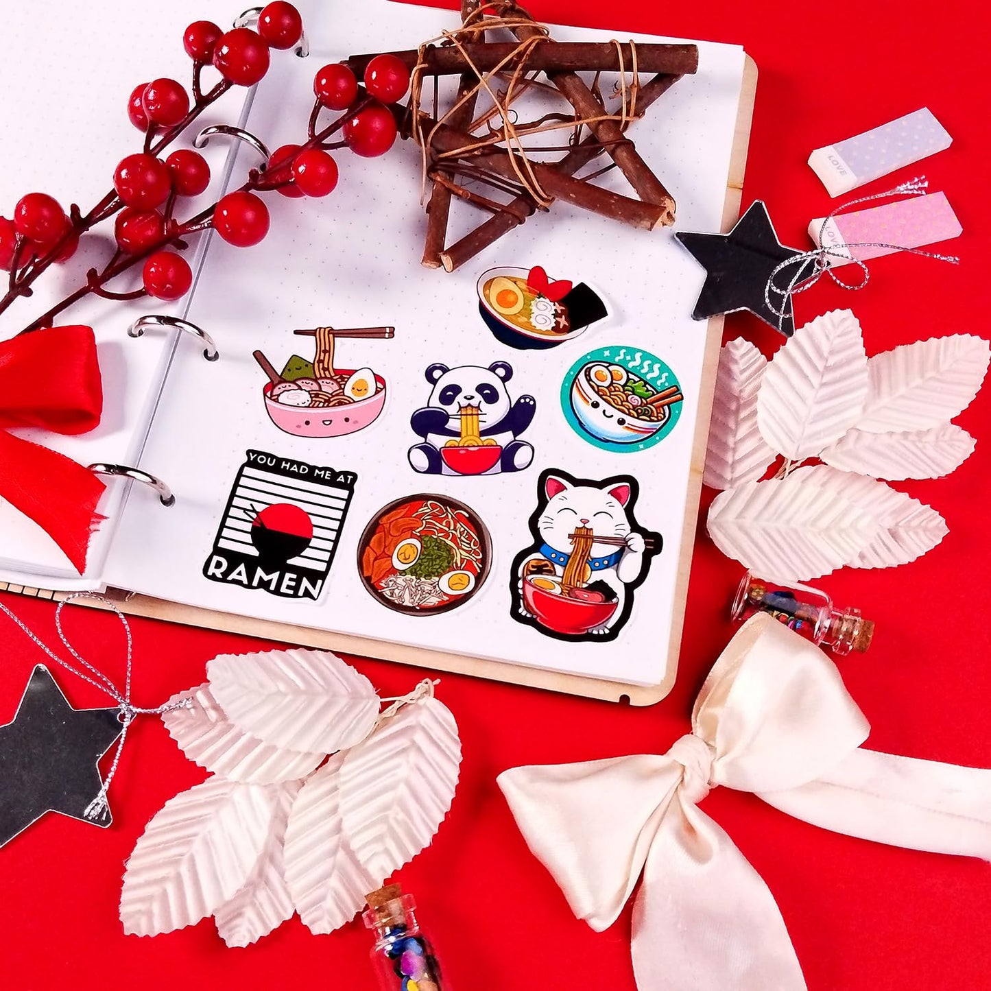 BulbaCraft Ramen Stickers for Water Bottle and Laptop - Foodie Party Supplies & Decorations, Waterproof Vinyl Noodle Decals, Cute Ramen Stickers Laptop Decals, Gifts for Women & Men
