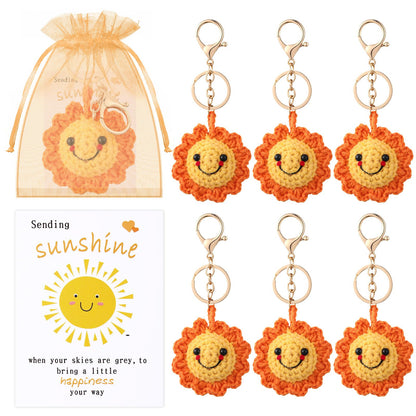 Zeyune 6 Sets Crochet Sunflower Keychains with Positive Card Inspirational Friendship Sunshine Keychain Appreciation Gift for Friends Family Employee Coworker Purse Wallet Handbags Backpack