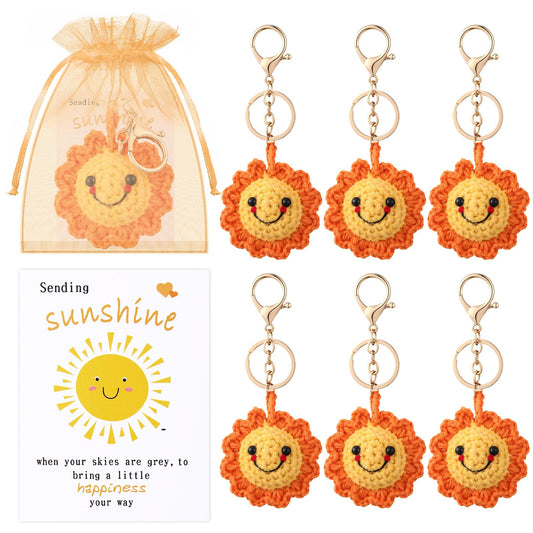 Zeyune 6 Sets Crochet Sunflower Keychains with Positive Card Inspirational Friendship Sunshine Keychain Appreciation Gift for Friends Family Employee Coworker Purse Wallet Handbags Backpack