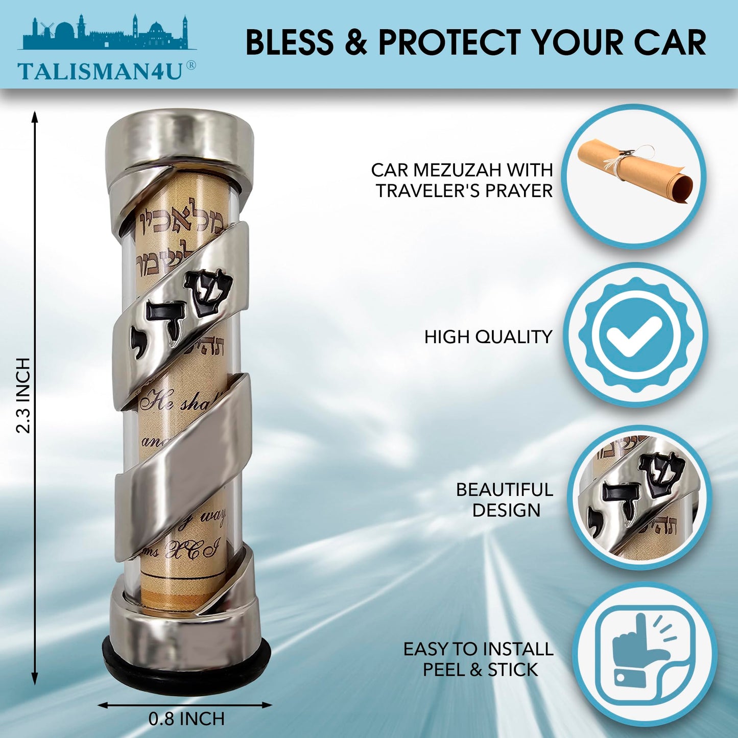 TALISMAN4U Protection CAR MEZUZAH with Travelers Prayer Scroll Hebrew Shadai Spiral Design Jewish Mezuza from Israel Jerusalem Art Judaica Gift