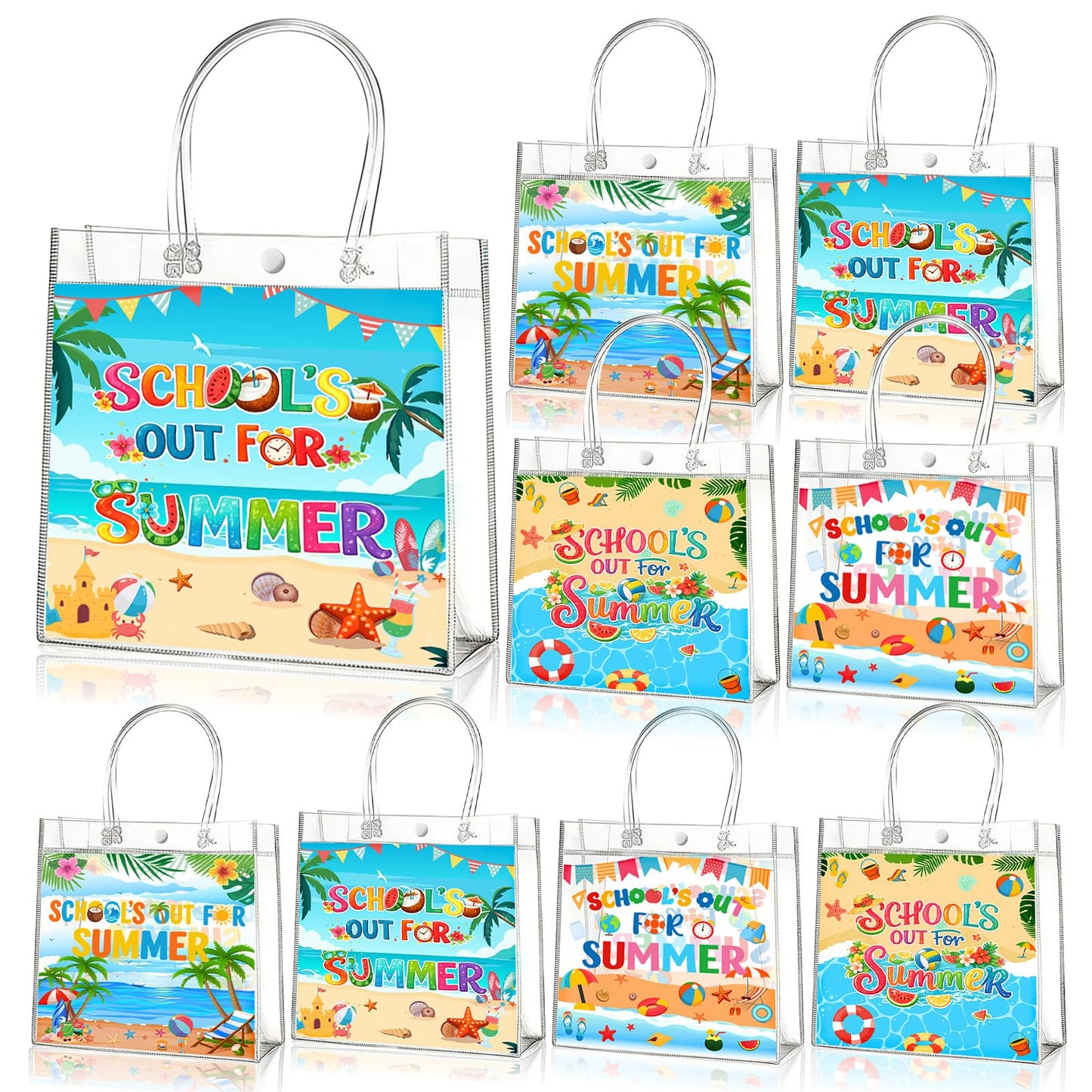 Zenoble 24 Pcs End of the Year Gifts Bags, School's Out for Summer Gift Clear PVC Bags with Handles Party Goodie Candy Treat Bag for Kids Students Teacher Beach Pool Party Favors Supplies