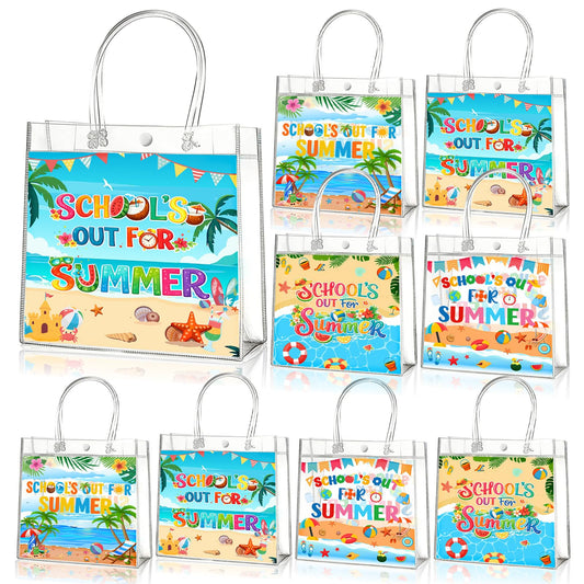 Zenoble 24 Pcs End of the Year Gifts Bags, School's Out for Summer Gift Clear PVC Bags with Handles Party Goodie Candy Treat Bag for Kids Students Teacher Beach Pool Party Favors Supplies