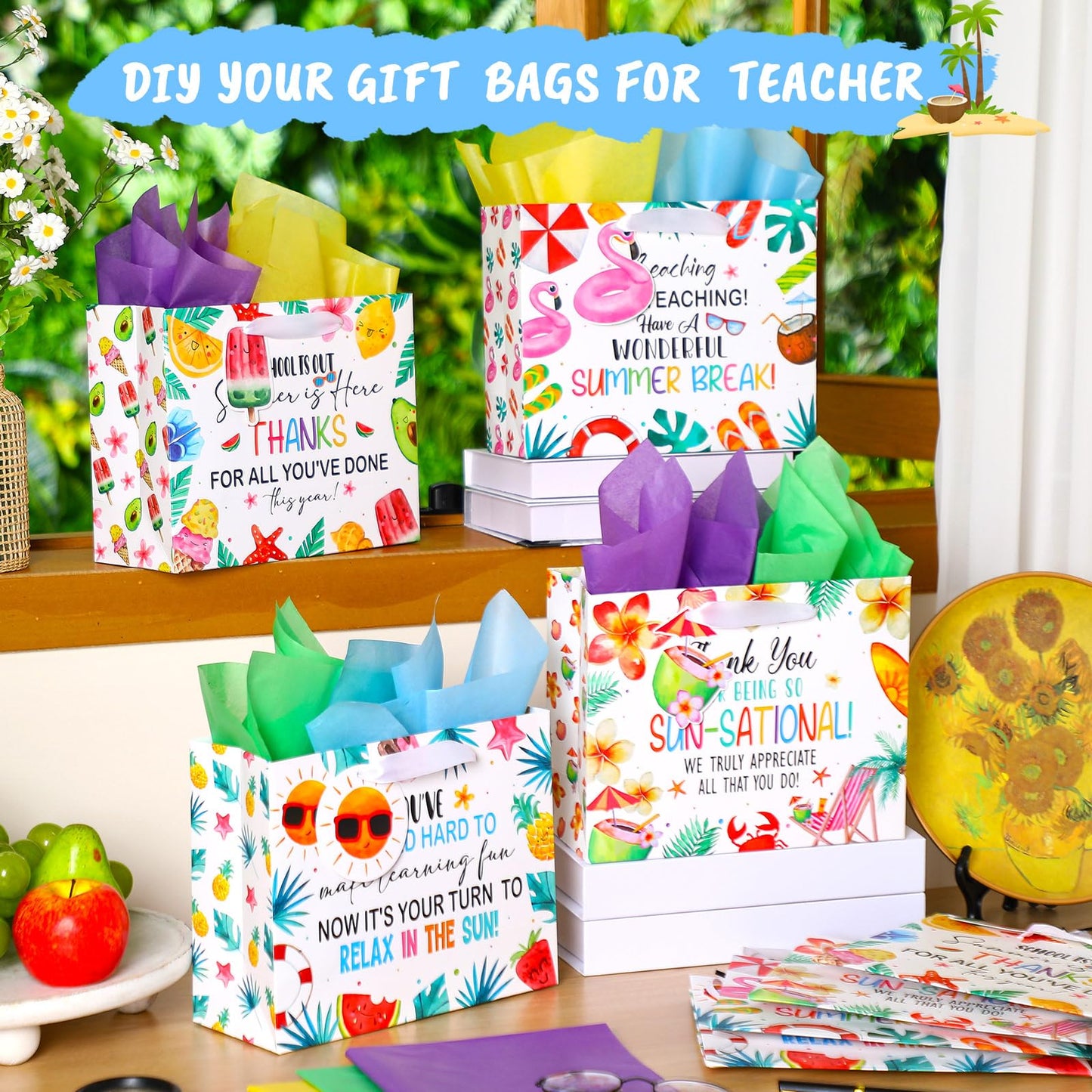 Kolldenn 12 Pcs End of Year Teacher Gifts Appreciation Gift Bag with Tissue Paper 10 x 8 x 4'' Medium Summer Thank You Teacher Wrapping Bag with Tag for Retirement School Year End Appreciation