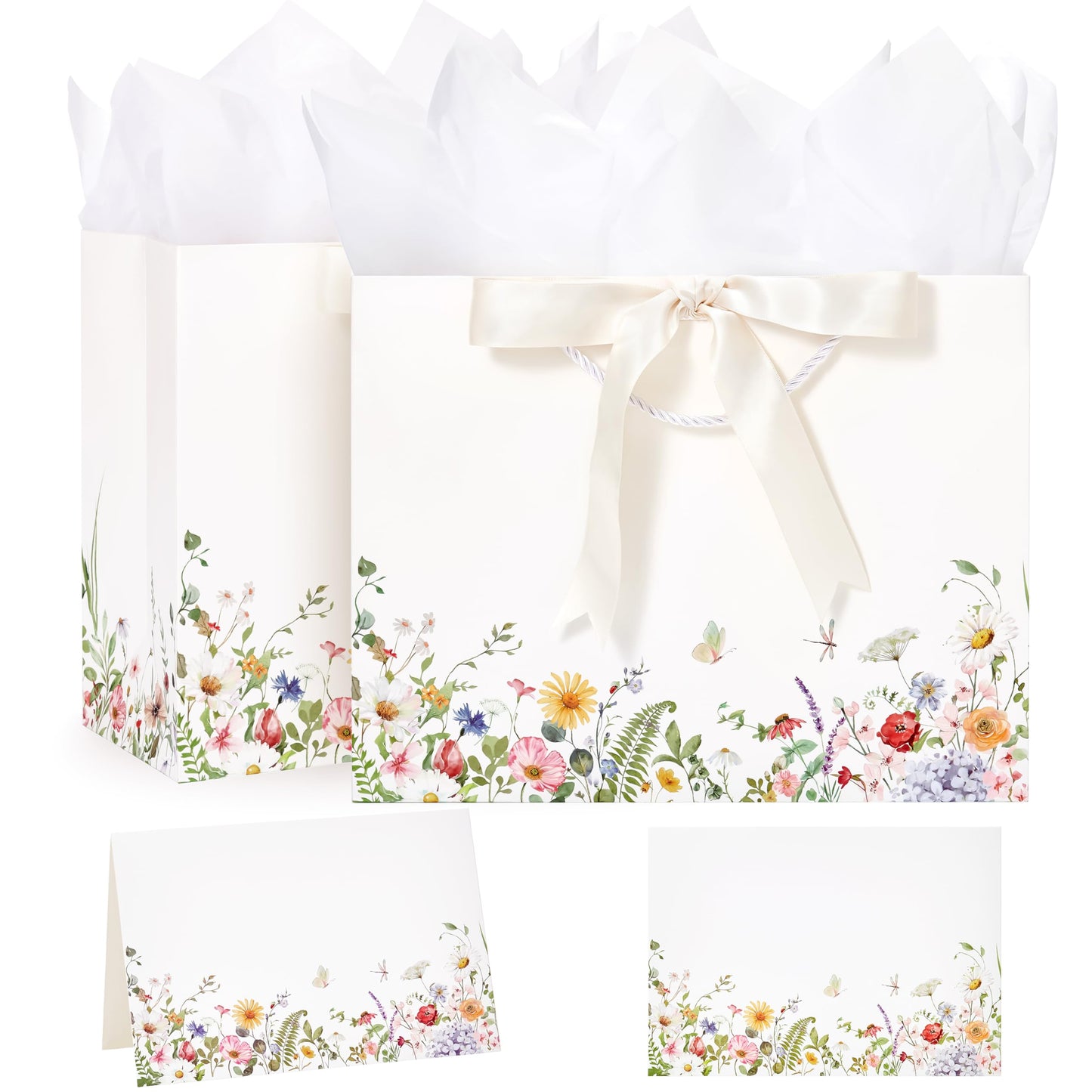 Crisky 2 Pack Wildflower Gift Bag with Tissue Paper and Cards for Wedding, Bridal Shower, Engagement, Bachelorette, Birthday, Tea Party