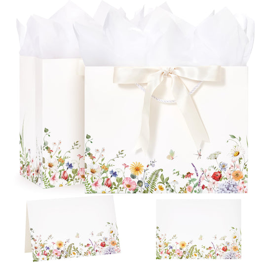 Crisky 2 Pack Wildflower Gift Bag with Tissue Paper and Cards for Wedding, Bridal Shower, Engagement, Bachelorette, Birthday, Tea Party