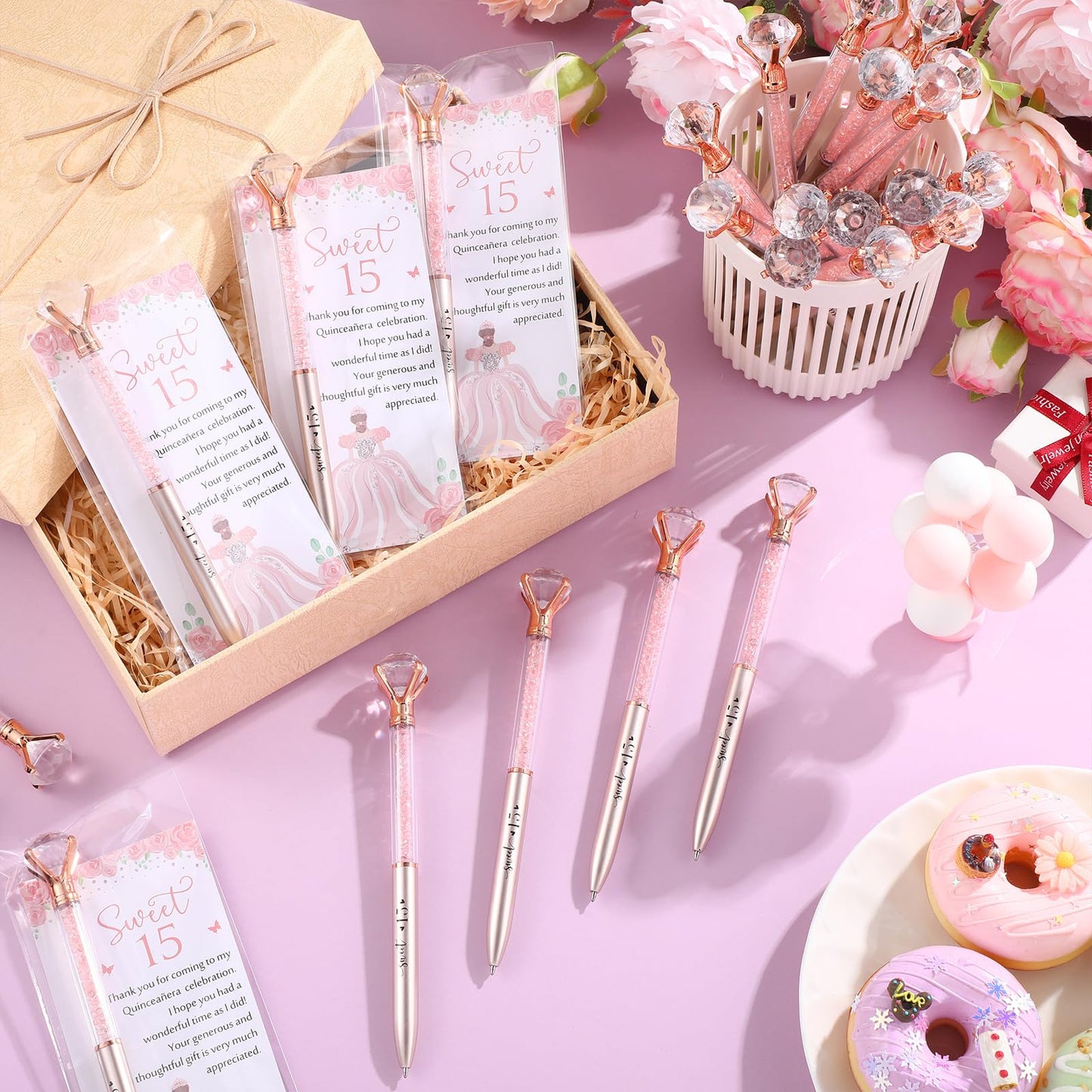 Sayglossy 50 Sets Quinceanera Party Favors Sweet 15th Thank You Gifts Diamond Pens with Thank You Cards Retractable Ballpoint Bling Pens 15 Birthday Gifts for Guests (Rose Gold)