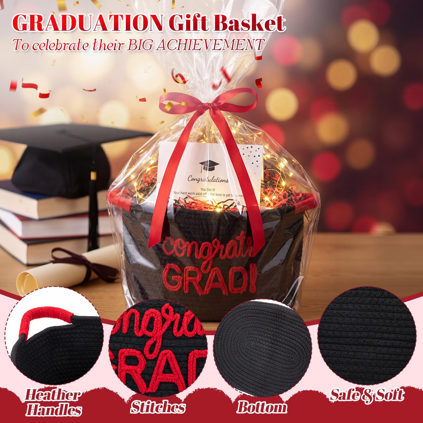 Colingmill 2026 Graduation Large Gift Basket Empty to Fill, 15"x10"x9" Congrats Grad Decorative Rope Storage Basket with Card, LED String Lights & Paper Filler, DIY Graduation Gift(Black Red)