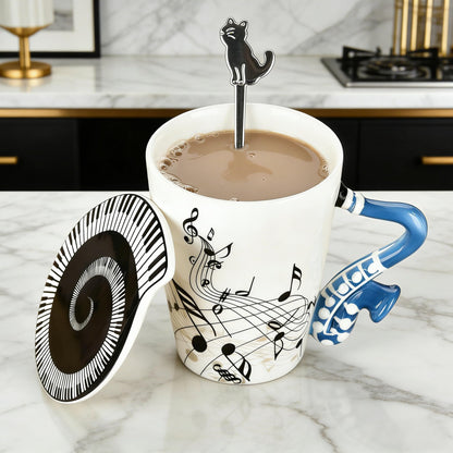 Saxophone Novelty Mug Unique Musical Gift Ceramic Tea Coffee Cup with Cool Music Themed Lid and Spoon,Birthday Holiday Gift for Musician,Women,Men,Teacher