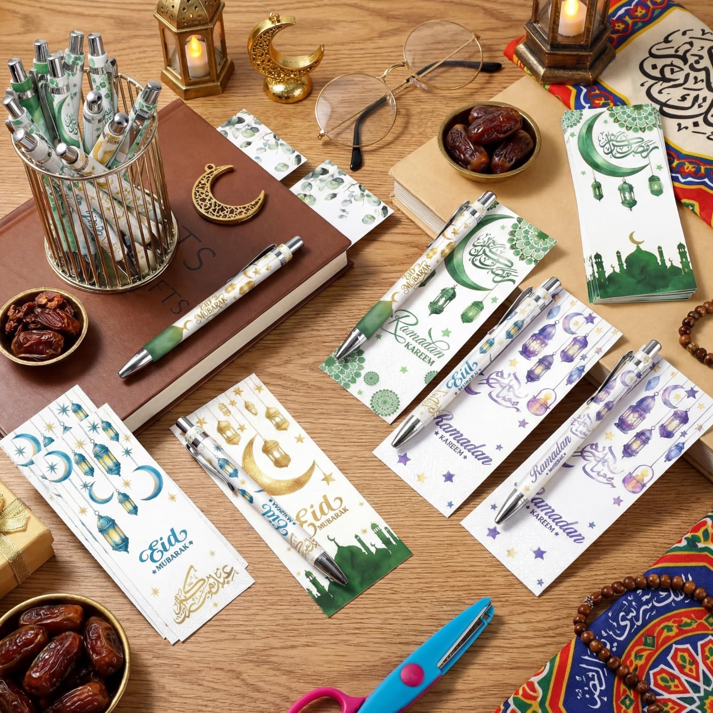 120 Pcs Ramadan Gifts Eid Mubarak Pens Bulk Include Retractable Ballpoint Pens Cards Greeting Gift Bags for Eid Party Favors Muslim Gifts Bulk Islamic Goody Bag Stuffers