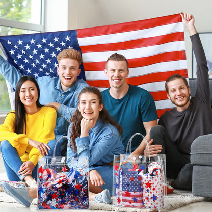 Kosiz 24 Pcs Patriotic Gift Bags Patriotic Party Favors Red White Blue American Star Clear PVC Gift Bags, Memorial Day Independence Day 4th of July with Handle for USA Party Supplies