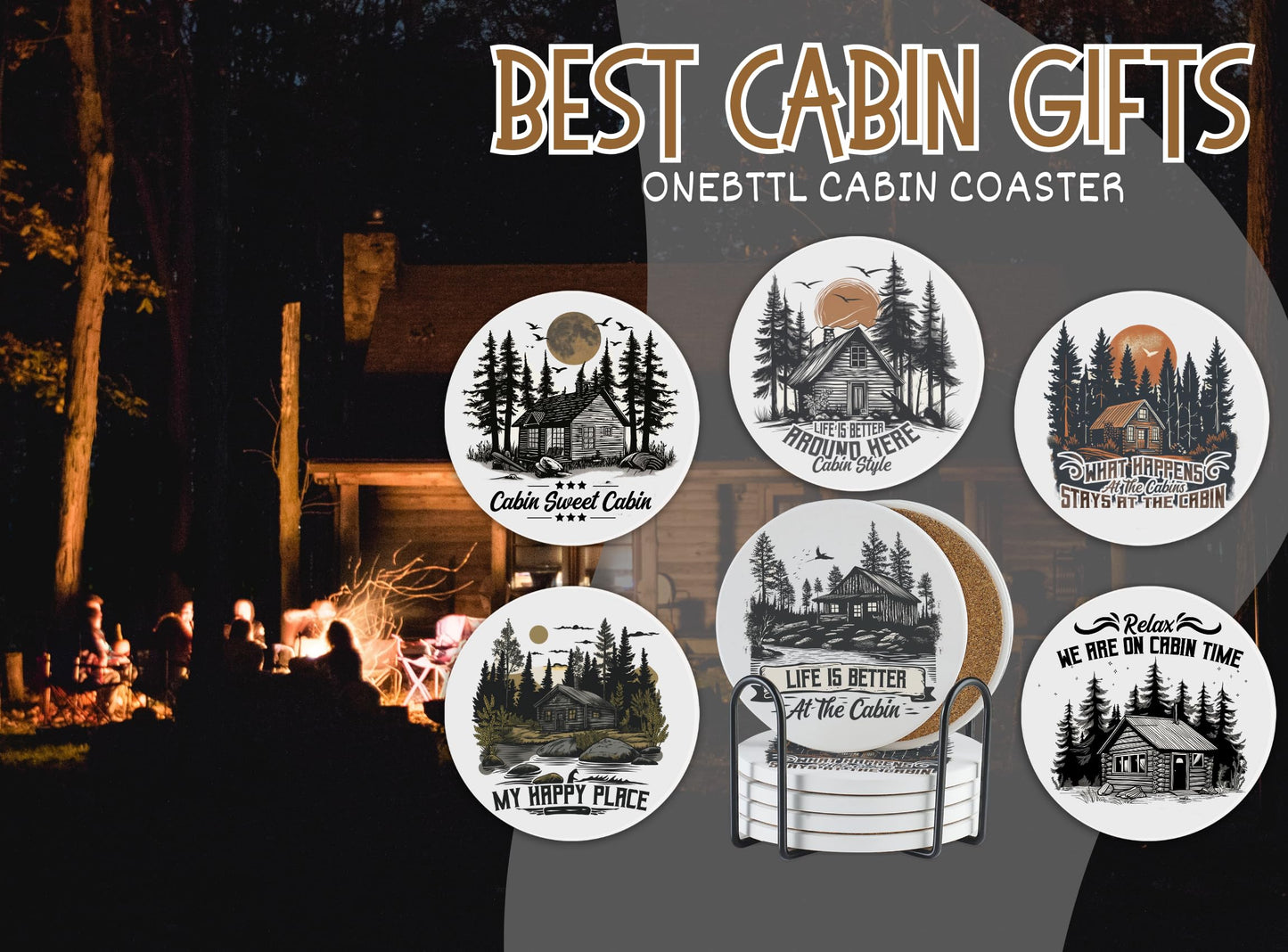 Onebttl Cabin Gifts - Cabin Theme Coaster Set of 6, Bar Coasters with Sayings