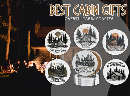 Onebttl Cabin Gifts - Cabin Theme Coaster Set of 6, Bar Coasters with Sayings