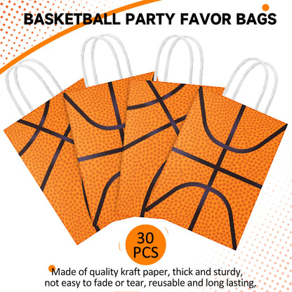 Leinuosen 30 Pcs Basketball Tennis Party Bags Baseball Tennis Gift Goodie Favor Treat Candy Goody Bags with Handle for Sports Theme Birthday Party Supplies (Basketball)