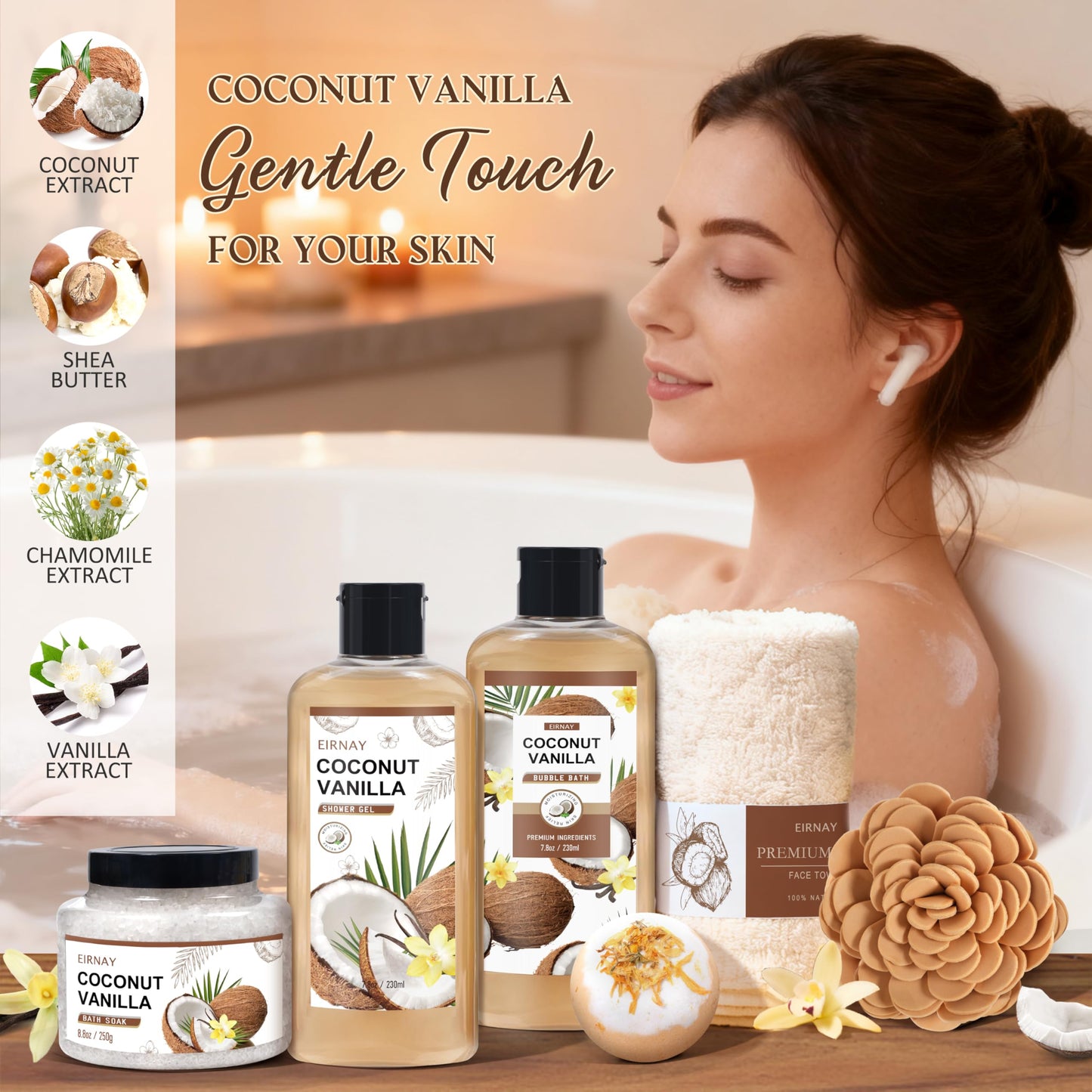 Mothers Day Gifts For Women - 16 PCS Birthday Gift Basket for Women Set of Coconut Vanilla Self Pampering Set, Includes Luxurious Home Spa Shower Gel Bubble Bath
