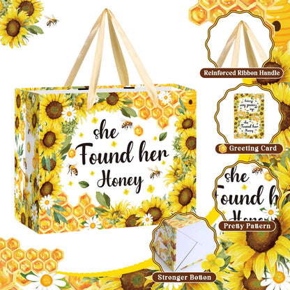 Woosytoo Bridal Shower Gift Bag Bee Bridal Shower Decorations She Found Her Honey Gift Wrapping Paper Bag with Greeting Card or Engagement Bride to Be Wedding Party, Bachelorette Party Supplies