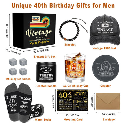 40th Birthday Gifts for Men, Unique Gift Ideas for 40th Birthday Men Who Have Everything, 1986 40 Year Old Birthday Gift Baskets for Man Whiskey Glass Baseball Cap Socks Toilet Paper