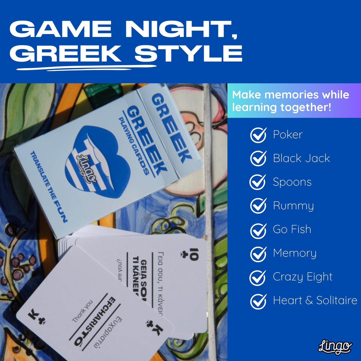 Greek Lingo Playing Cards | Travel Flashcards | Learn Greek Vocabulary in A Fun & Easy Way | 52 Essential Translations