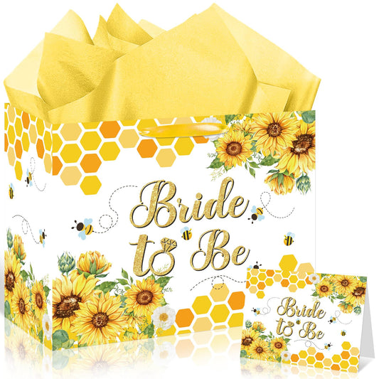 Bride Gift Bag Bee Bridal Shower Party Gift Bags with Tissue Paper and Card Bridal Gift Wrapping Paper Bag Honey Bee Sunflower Bachelorette Engagement Wedding Bags for Bride to Be Party Decorations