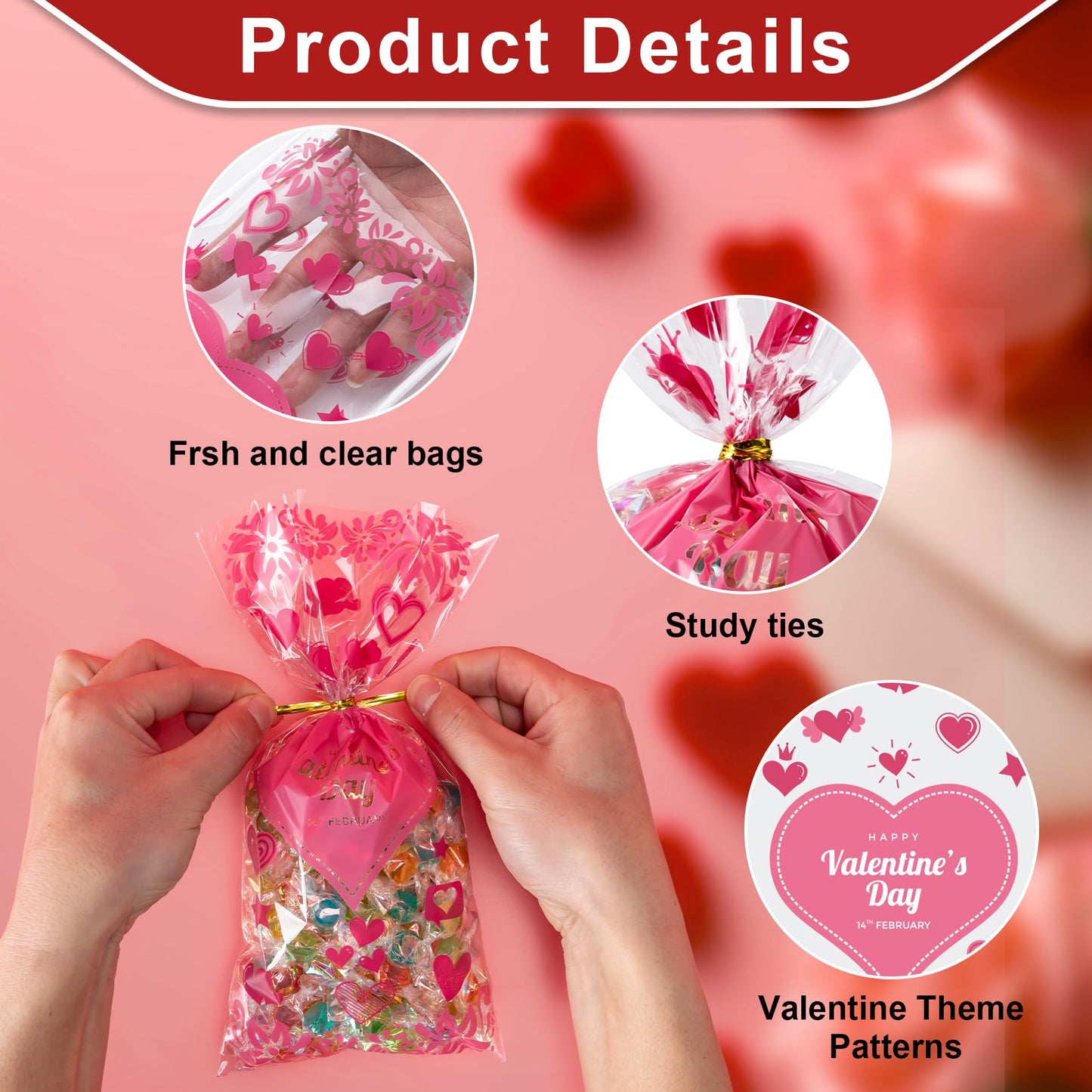Aegero Valentines Cellophane Bags 120pcs Valentines Candy Bags with 140pcs Twists for Valentine's Candy Cookie Goodie Snack Bag for Valentines Day Wedding Party Favor Supplies,Classroom Parties Valentine02-Red Heart