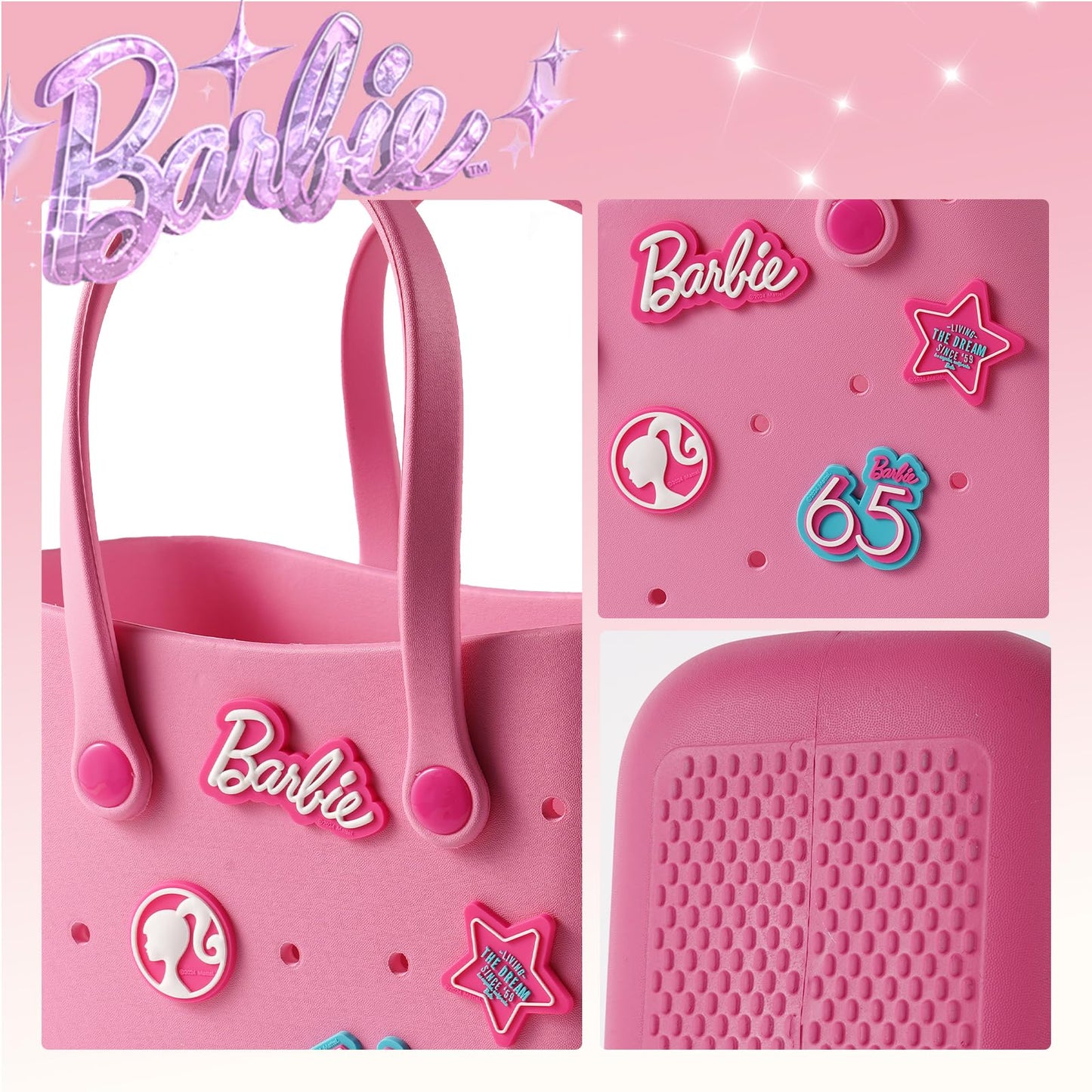 MINISO Barbie Tote Bag, Reusable Small Rubber Waterproof Bag, Cute Design Practical And Portable Handbag for Work Travel (PINK)