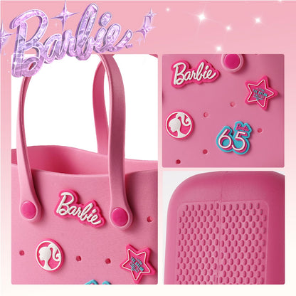 MINISO Barbie Tote Bag, Reusable Small Rubber Waterproof Bag, Cute Design Practical And Portable Handbag for Work Travel (PINK)