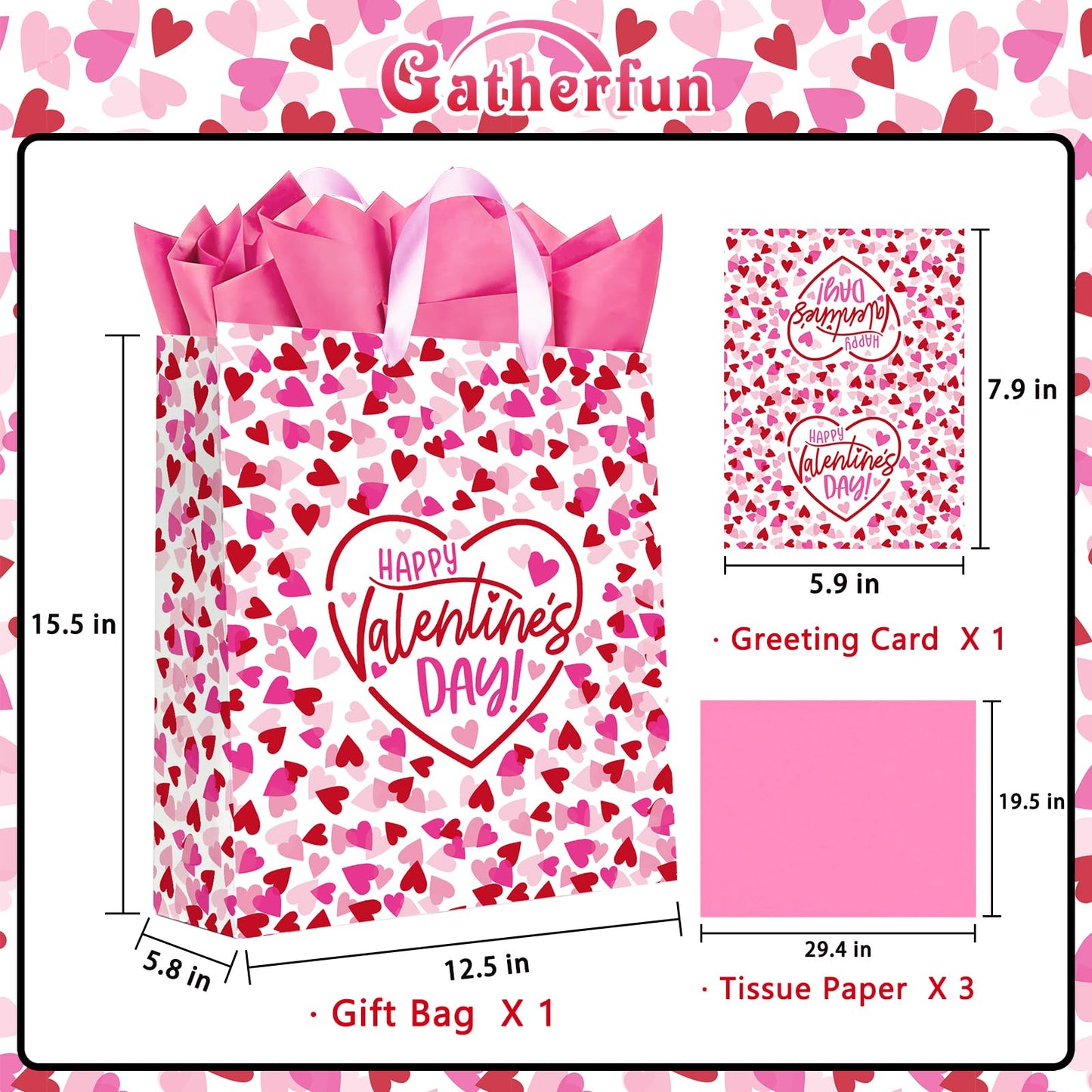 15" Valentines Gift Bags with Tissue Paper & Card - for Men, Women, Kids, Him, Her, Boyfriend, Girlfriend & Classroom Celebrations | Happy Valentine's Day