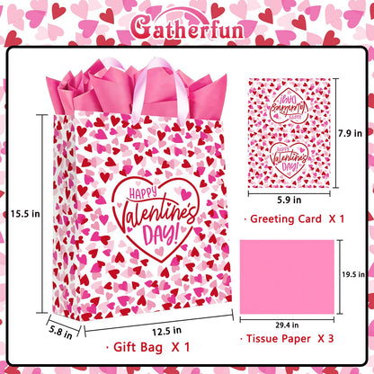 15" Valentines Gift Bags with Tissue Paper & Card - for Men, Women, Kids, Him, Her, Boyfriend, Girlfriend & Classroom Celebrations | Happy Valentine's Day