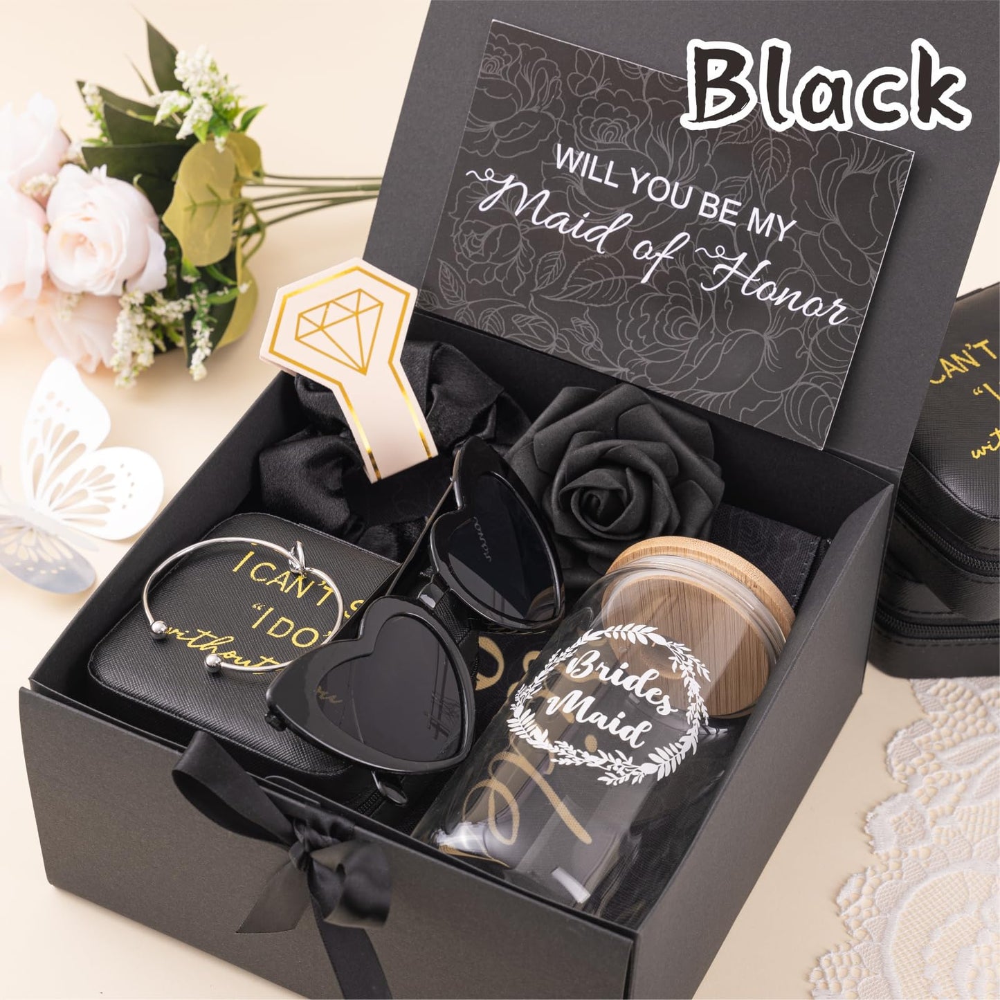 9 Pcs Maid of Honor Gifts - Will You Be My Maid of Honor Kit with Elegant Box Jewelry Box Glass Cup Invited Cards Knotted Bracelets Sunglasses Scrunchies Raffia Grass