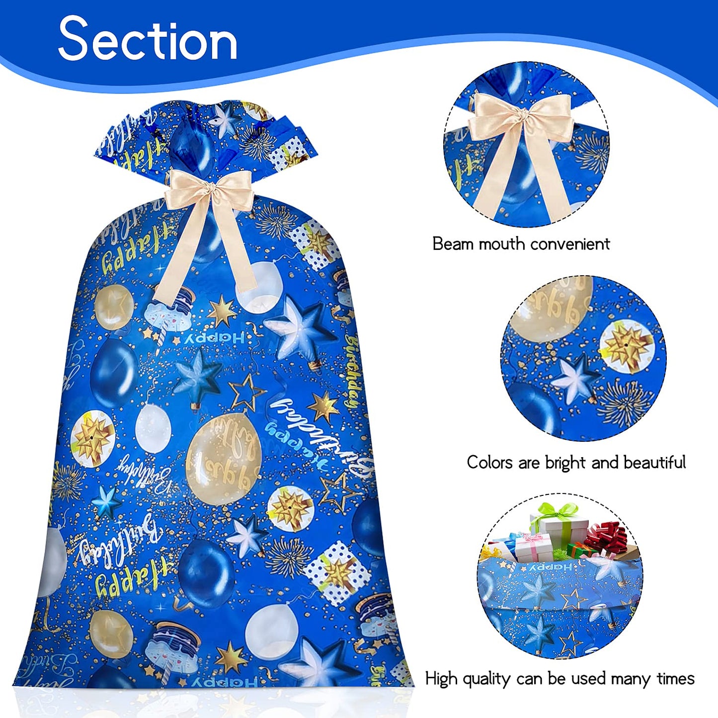 Extra Large Gift Bag Jumbo Giant Gift Bags,Oversized XL Big Huge Gift Bag for Present,Blue Gift Wrap Birthday Bag Plastic Bike Wrapping Bag for Large Gifts for Boy Men Child Kids(48inch 1Pack)