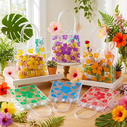 SilTriangle 36 Pcs Hawaiian Clear Gift Bags Luau Party Favors with Handles Bag 6.3 x 5.91 x 2.76 Inches Hibiscus PVC Goodie Bag Aloha Tropical Tiki Beach Gift Bags for Summer Birthday Party Supplies
