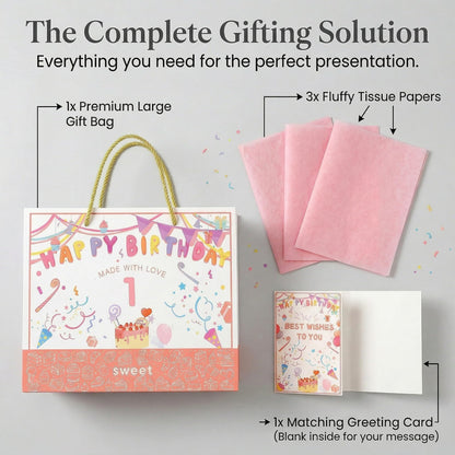 BOPLYBAY 1st Birthday Gift Bag for Girls with Greeting Card & Tissue Paper - Large 13" Pink Age 1 Birthday Party Favor Bag, Luxury Gift Wrapping Set for One Year Old Baby Girl (Age 1)