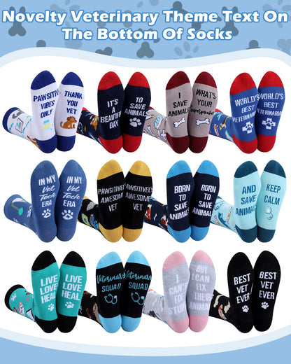 Skicuff 24 Pairs Bulk Vet Technician Socks for Woman Men Funny Veterinary Cotton Crew Socks Vet Tech Week Veterinarian Appreciate Gifts Doctor Nurse Assistant Birthday Gifts