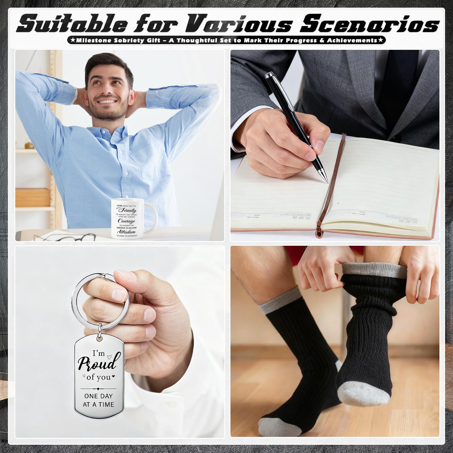 8 Pcs Sobriety Gifts for Men Women Sober Anniversary Present Set Alcoholics Anonymous Gifts Include Mug Socks Candle Journal Pen Sober Card Coin & Keychain Meaningful Sobriety Black Gift Box
