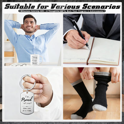 8 Pcs Sobriety Gifts for Men Women Sober Anniversary Present Set Alcoholics Anonymous Gifts Include Mug Socks Candle Journal Pen Sober Card Coin & Keychain Meaningful Sobriety Black Gift Box