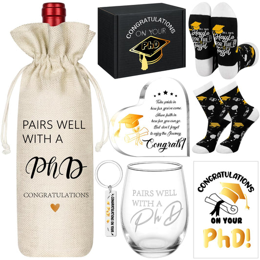 Chunful 7 Pcs PhD Graduation Gifts Doctorate Graduation Gift Set for Women, 17oz Wine Glass Wine Bag Keychain Acrylic Keepsake Socks Greeting Card & Box Funny Pairs Well with a PhD Gifts