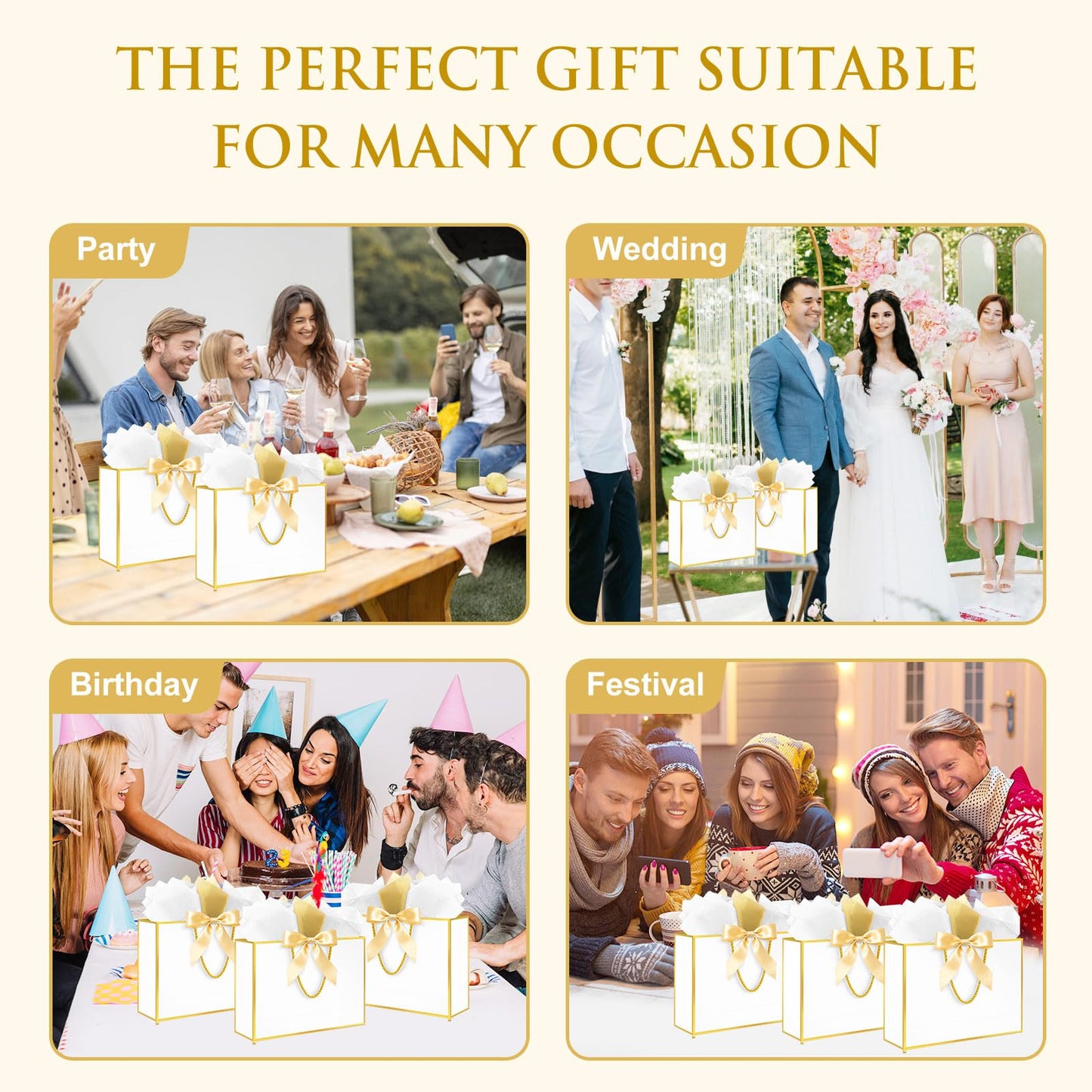 Ethhqu Fancy Large Gift Bags with Handles, 2 Pack 12.6x10x4 Inches - Includes Tissue Paper & Cards for Birthday, Baby Shower, Wedding, Anniversary, Easter, Mother's Day & Holiday Gifts (White and Gold)