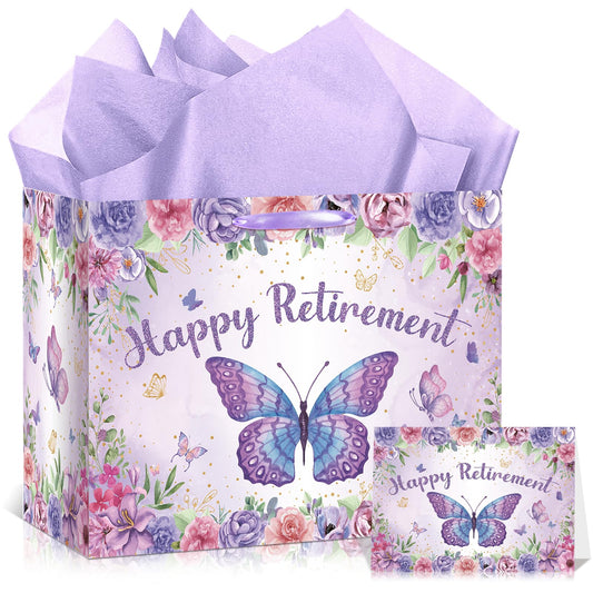 Purple Retirement Gift Bag for Women Butterfly Retirement Wrapping Paper Bag with Tissue Paper and Card Retired Gifts for Women Purple Retired Decorations Supplies for Going Away Farewell Party