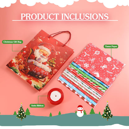Rusikia 12 Christmas Gift Bags with 12 Tissues and 1 Satin Ribbon, Red Party Favor Bags Bulk with Handles, Glittery Cute Tree Father Christmas Paper Bag for Wrapping Holiday (Large 16"x12"x5")