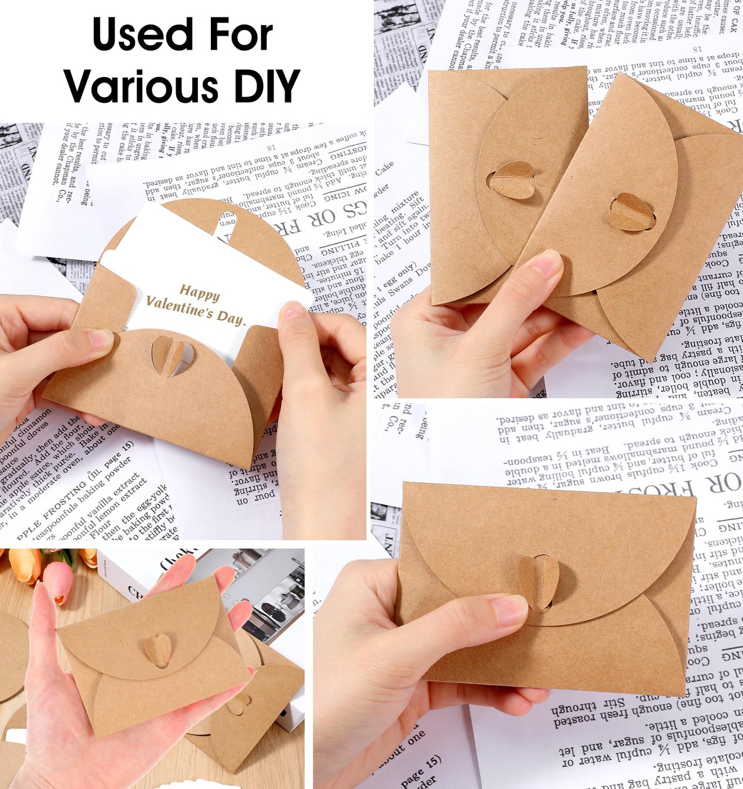 30Pcs Mini Envelopes with Blank Cards - 4.1x2.8 Inch Paper Gift Card Holders, Tiny Heart Clasp Envelopes for Wedding Party Favors, Business & Greeting Cards