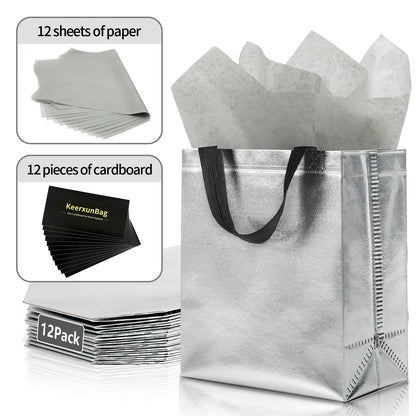KeerxunBag 12pcs Reusable Gift Bags（Includes Tissue Paper） Gift bag with handle Birthdays Parties Holidays Weddings Medium 10x4x8in silver Gift Bags